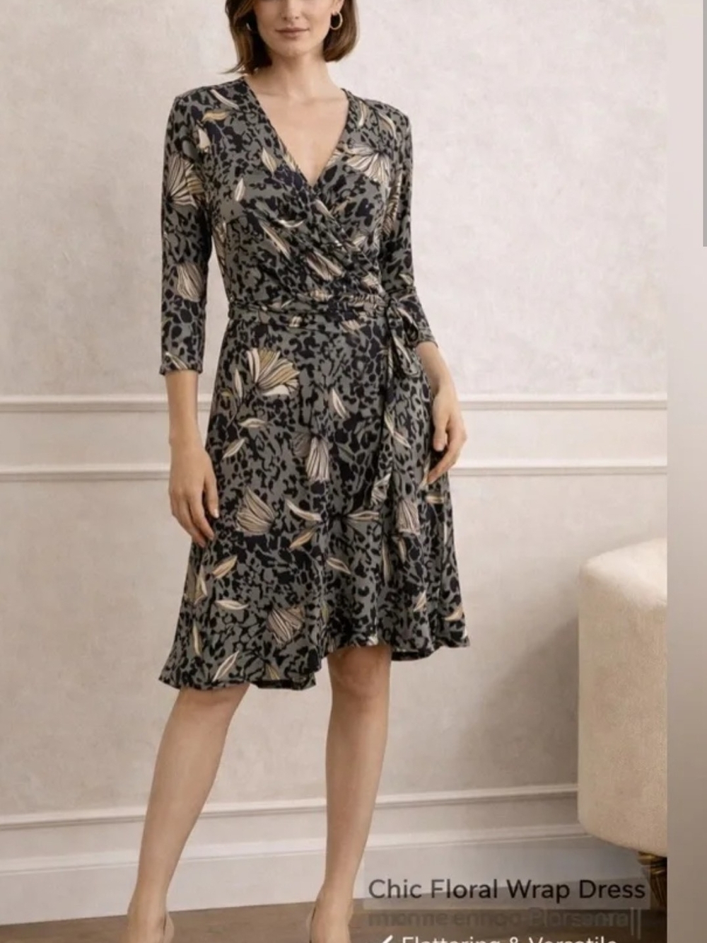 Chic Floral Wrap Dress in Black and Cream